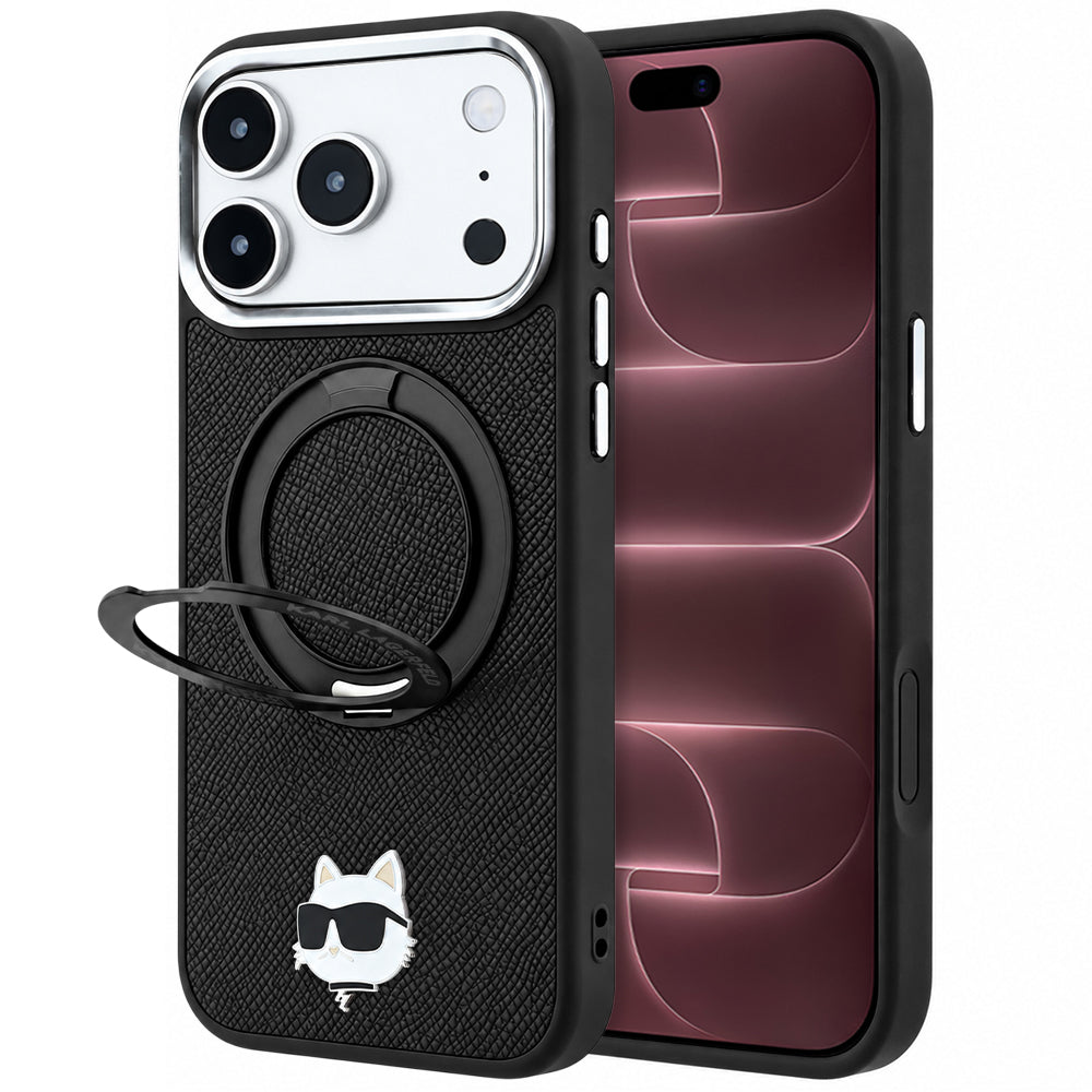 Coque MagSafe pour Apple iPhone 18 Pro Max / 17 Pro Max, Karl Lagerfeld, Ring Stand 360 Choupette Pin, noire