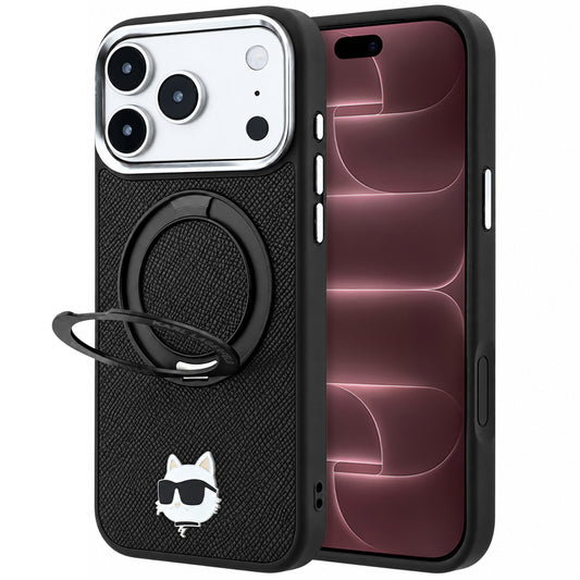 Coque MagSafe pour Apple iPhone 18 Pro Max / 17 Pro Max, Karl Lagerfeld, Ring Stand 360 Choupette Pin, noire