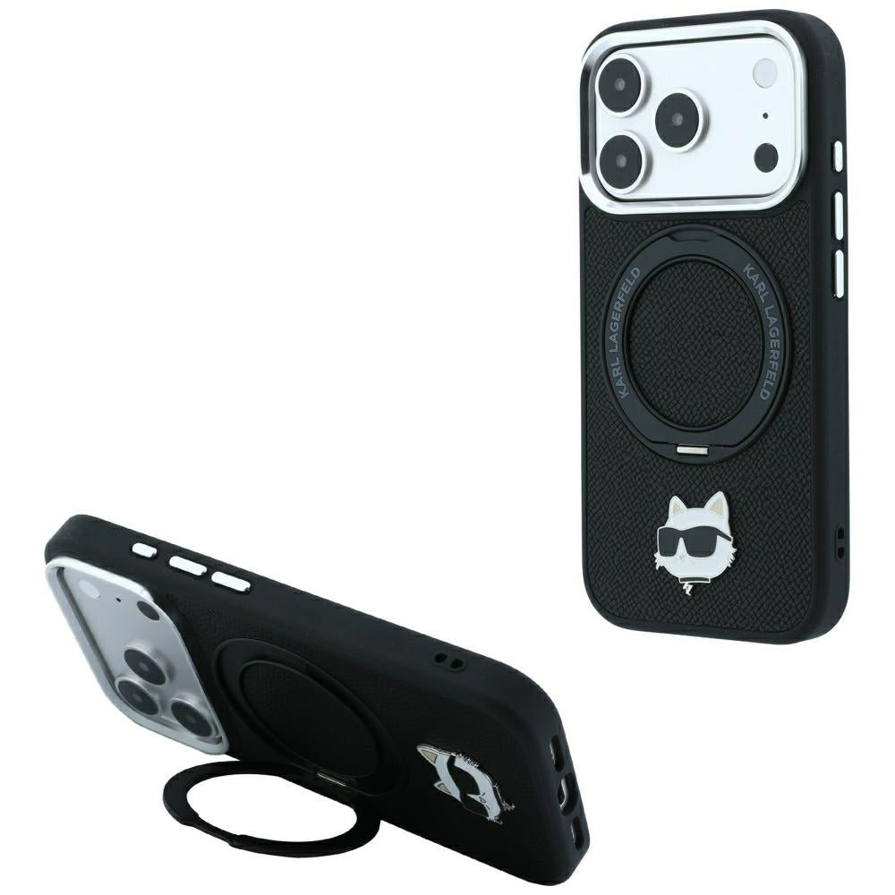 Coque MagSafe pour Apple iPhone 18 Pro Max / 17 Pro Max, Karl Lagerfeld, Ring Stand 360 Choupette Pin, noire