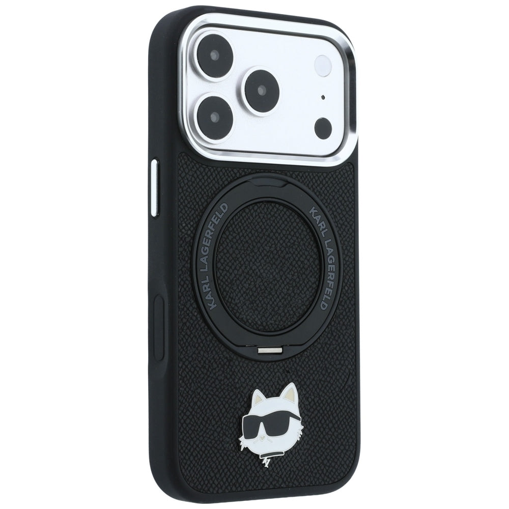 Coque MagSafe pour Apple iPhone 18 Pro Max / 17 Pro Max, Karl Lagerfeld, Ring Stand 360 Choupette Pin, noire