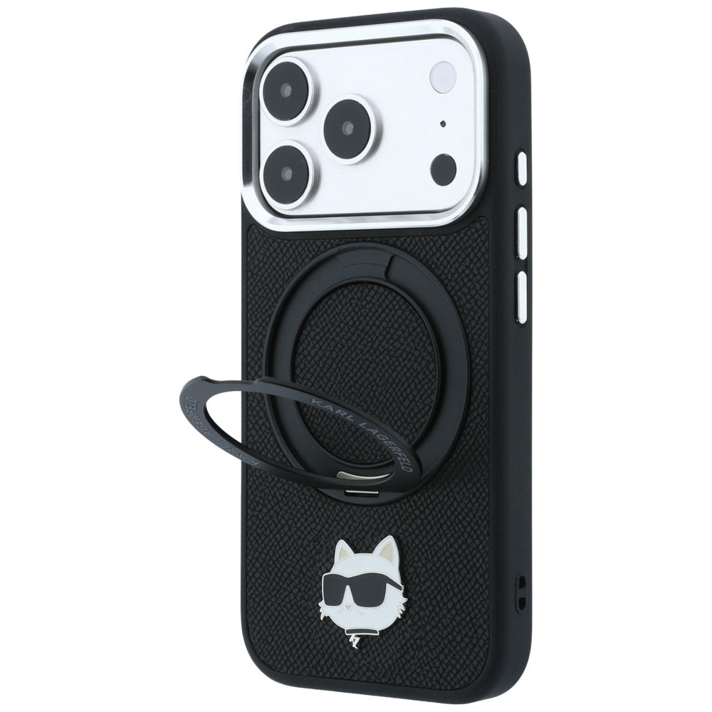 Coque MagSafe pour Apple iPhone 18 Pro Max / 17 Pro Max, Karl Lagerfeld, Ring Stand 360 Choupette Pin, noire