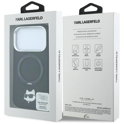 Coque MagSafe pour Apple iPhone 18 Pro Max / 17 Pro Max, Karl Lagerfeld, Ring Stand 360 Choupette Pin, noire