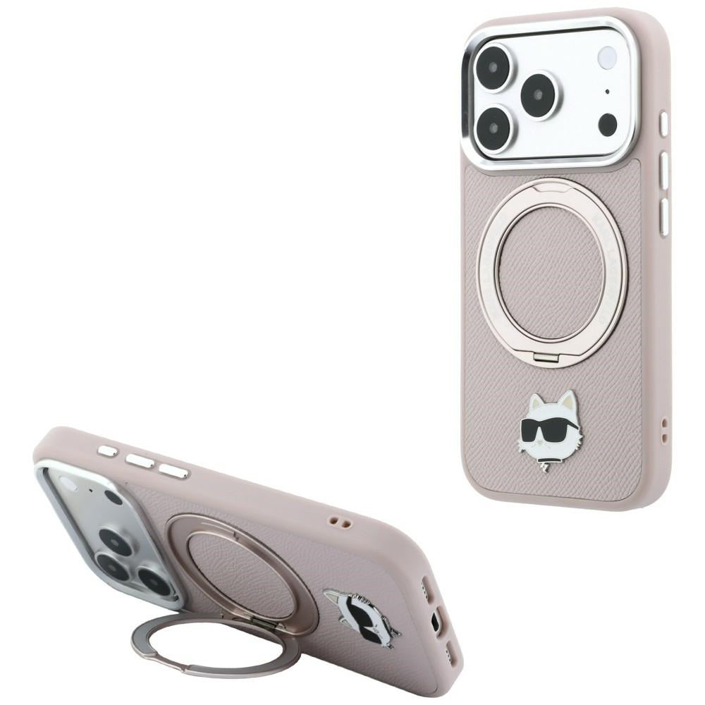 Coque MagSafe pour Apple iPhone 18 Pro Max / 17 Pro Max, Karl Lagerfeld, Ring Stand 360 Choupette Pin, rose