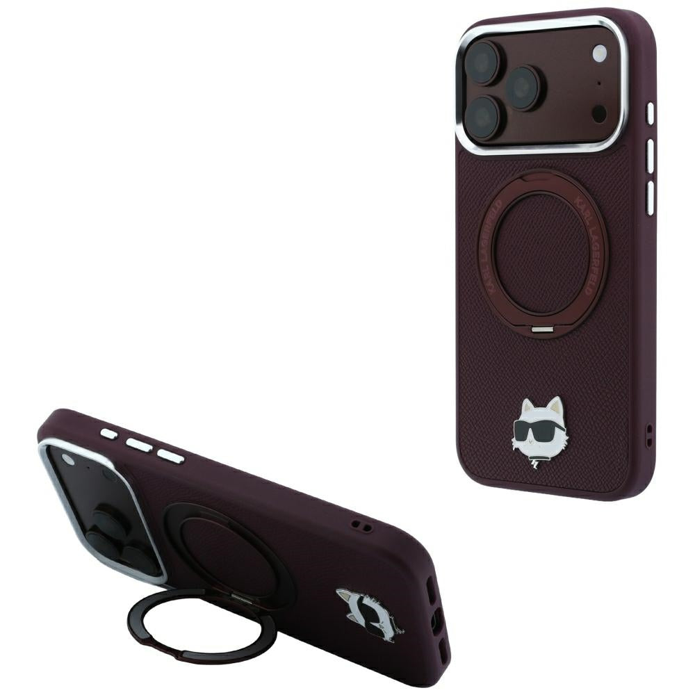 Coque MagSafe pour Apple iPhone 18 Pro Max / 17 Pro Max, Karl Lagerfeld, Support Anneau Saffiano 360 Choupette Pin, Bordeaux
