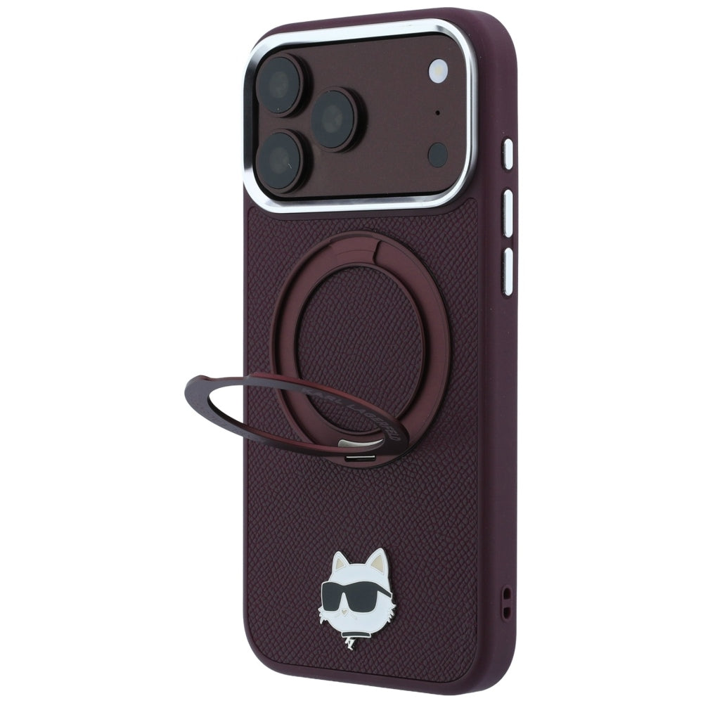 Coque MagSafe pour Apple iPhone 18 Pro Max / 17 Pro Max, Karl Lagerfeld, Support Anneau Saffiano 360 Choupette Pin, Bordeaux