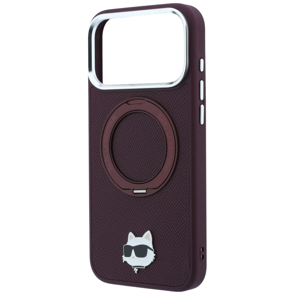 Coque MagSafe pour Apple iPhone 18 Pro Max / 17 Pro Max, Karl Lagerfeld, Support Anneau Saffiano 360 Choupette Pin, Bordeaux