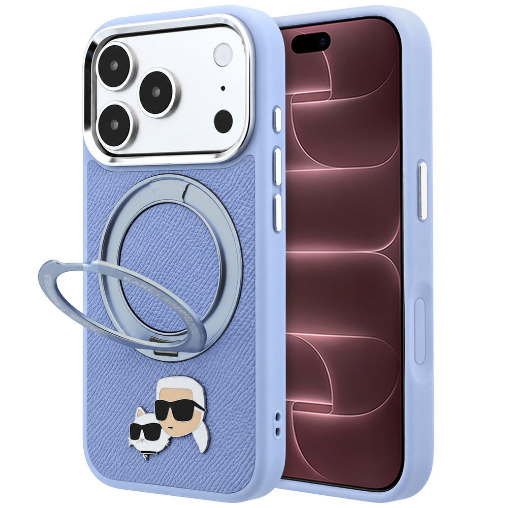 MagSafe-Hülle für Apple iPhone 18 Pro Max / 17 Pro Max, Karl Lagerfeld, Ring Stand 360 Karl & Choupette Pin, Blau