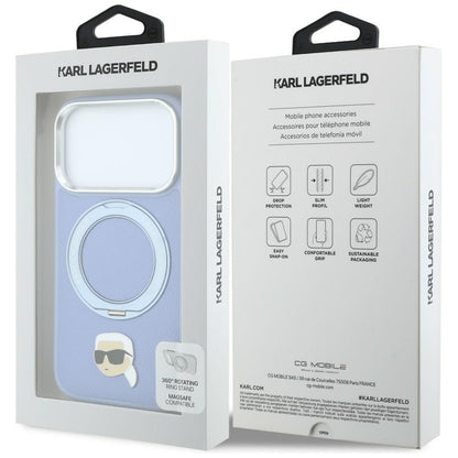 Coque MagSafe pour Apple iPhone 18 Pro Max / 17 Pro Max, Karl Lagerfeld, Ring Stand 360 Karl Pin, bleu
