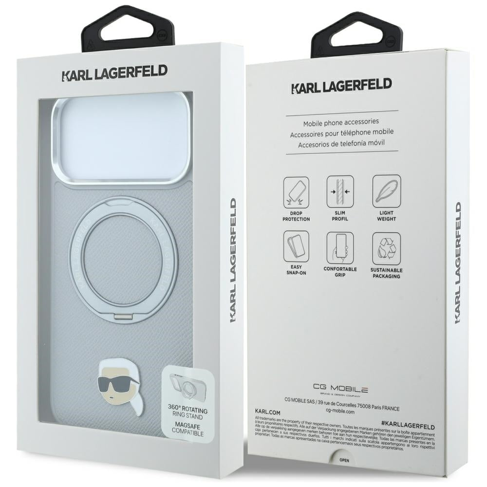 Coque MagSafe pour Apple iPhone 18 Pro Max / 17 Pro Max, Karl Lagerfeld, Ring Stand 360 Karl Pin, Gris
