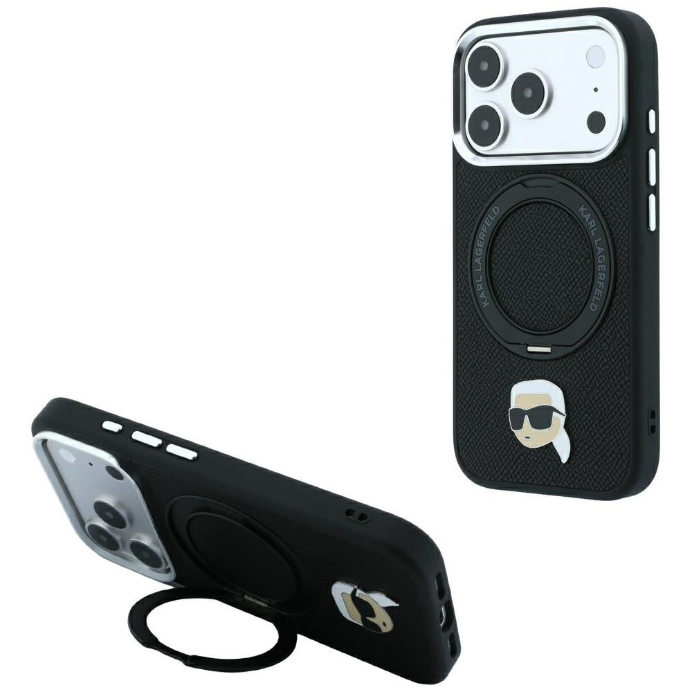 Coque MagSafe pour Apple iPhone 18 Pro Max / 17 Pro Max, Karl Lagerfeld, Ring Stand 360 Karl Pin, noire