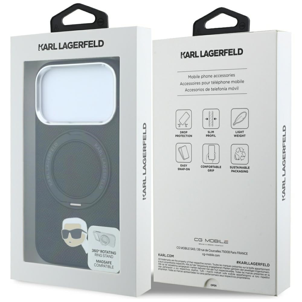 Coque MagSafe pour Apple iPhone 18 Pro Max / 17 Pro Max, Karl Lagerfeld, Ring Stand 360 Karl Pin, noire