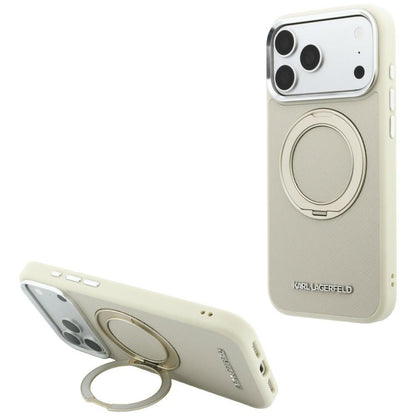 MagSafe-Hülle für Apple iPhone 18 Pro Max / 17 Pro Max, Karl Lagerfeld, Ring Stand 360 Saffiano, Beige