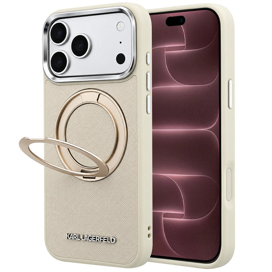 Coque MagSafe pour Apple iPhone 18 Pro Max / 17 Pro Max, Karl Lagerfeld, Ring Stand 360 Saffiano, beige