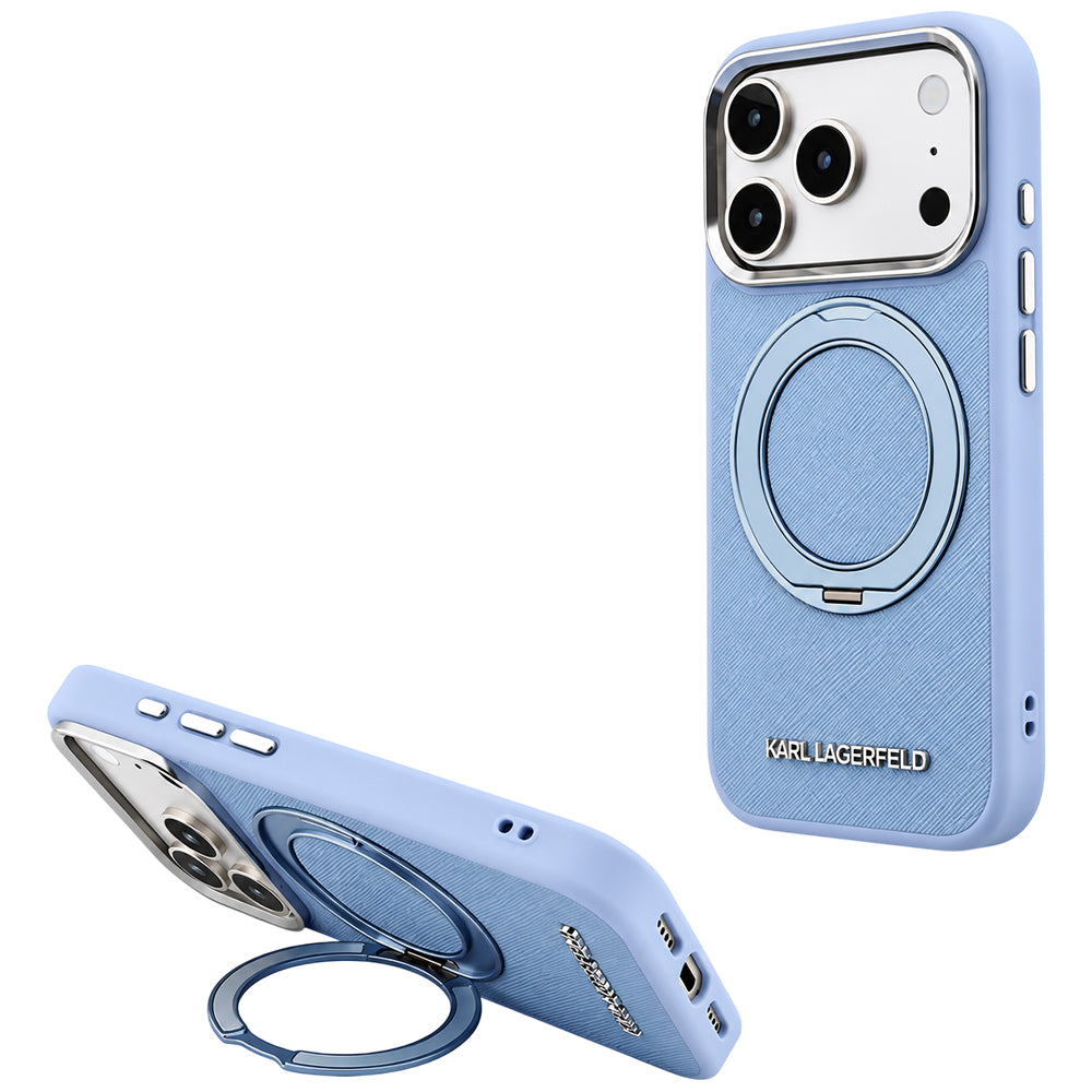 Coque MagSafe pour Apple iPhone 18 Pro Max / 17 Pro Max, Karl Lagerfeld, Ring Stand 360 Saffiano, Bleu