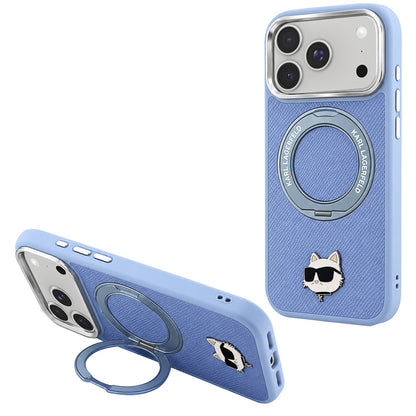 Coque MagSafe pour Apple iPhone 18 Pro Max / 17 Pro Max, Karl Lagerfeld, Support Anneau Saffiano 360 Choupette Pin, Bleu
