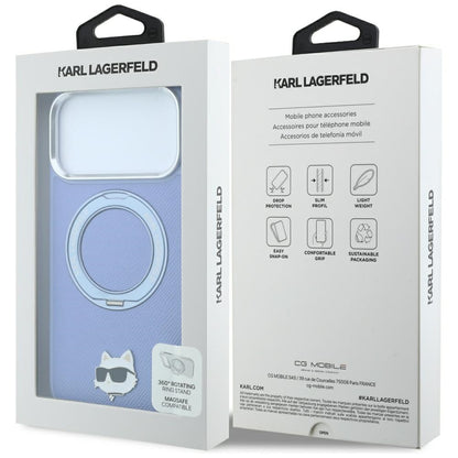 Coque MagSafe pour Apple iPhone 18 Pro Max / 17 Pro Max, Karl Lagerfeld, Support Anneau Saffiano 360 Choupette Pin, Bleu