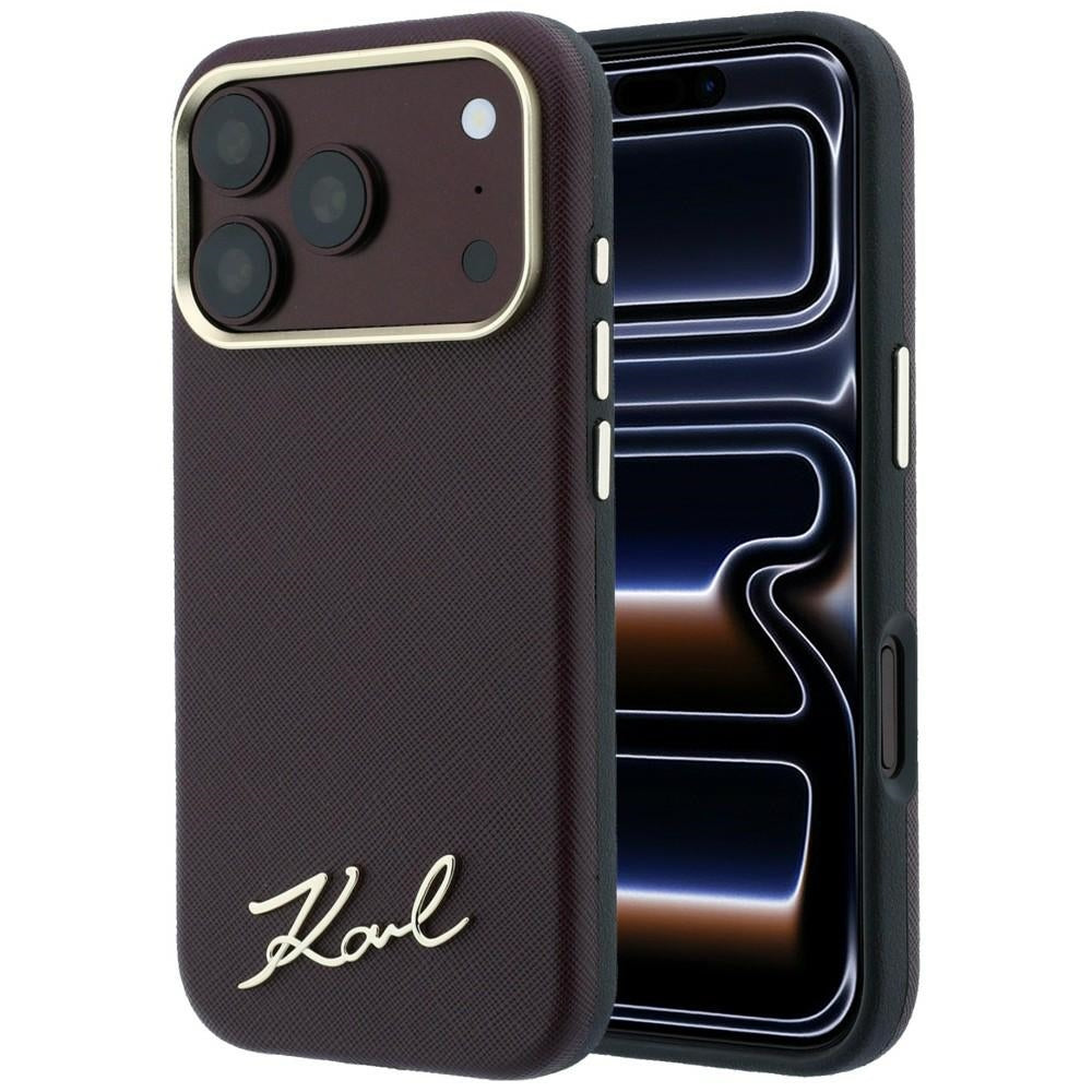 Coque MagSafe pour Apple iPhone 18 Pro Max / 17 Pro Max, Karl Lagerfeld, Logo Métallique Petit Script Saffiano, Bordeaux