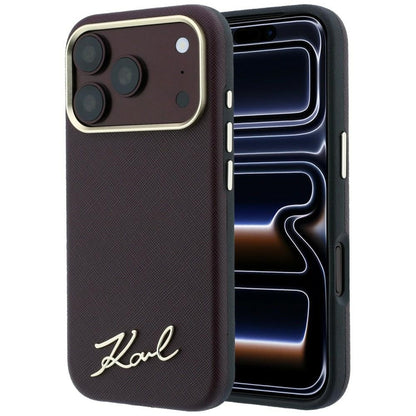 Coque MagSafe pour Apple iPhone 18 Pro Max / 17 Pro Max, Karl Lagerfeld, Logo Métallique Petit Script Saffiano, Bordeaux