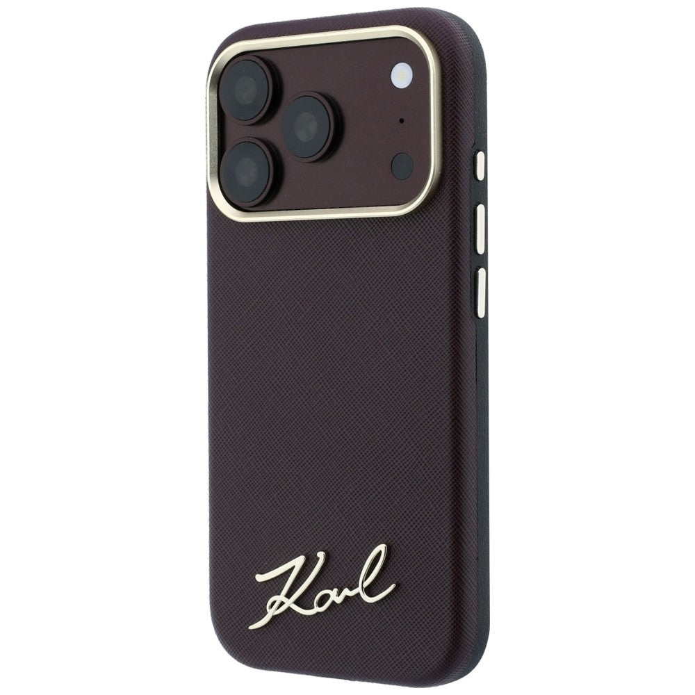 Coque MagSafe pour Apple iPhone 18 Pro Max / 17 Pro Max, Karl Lagerfeld, Logo Métallique Petit Script Saffiano, Bordeaux