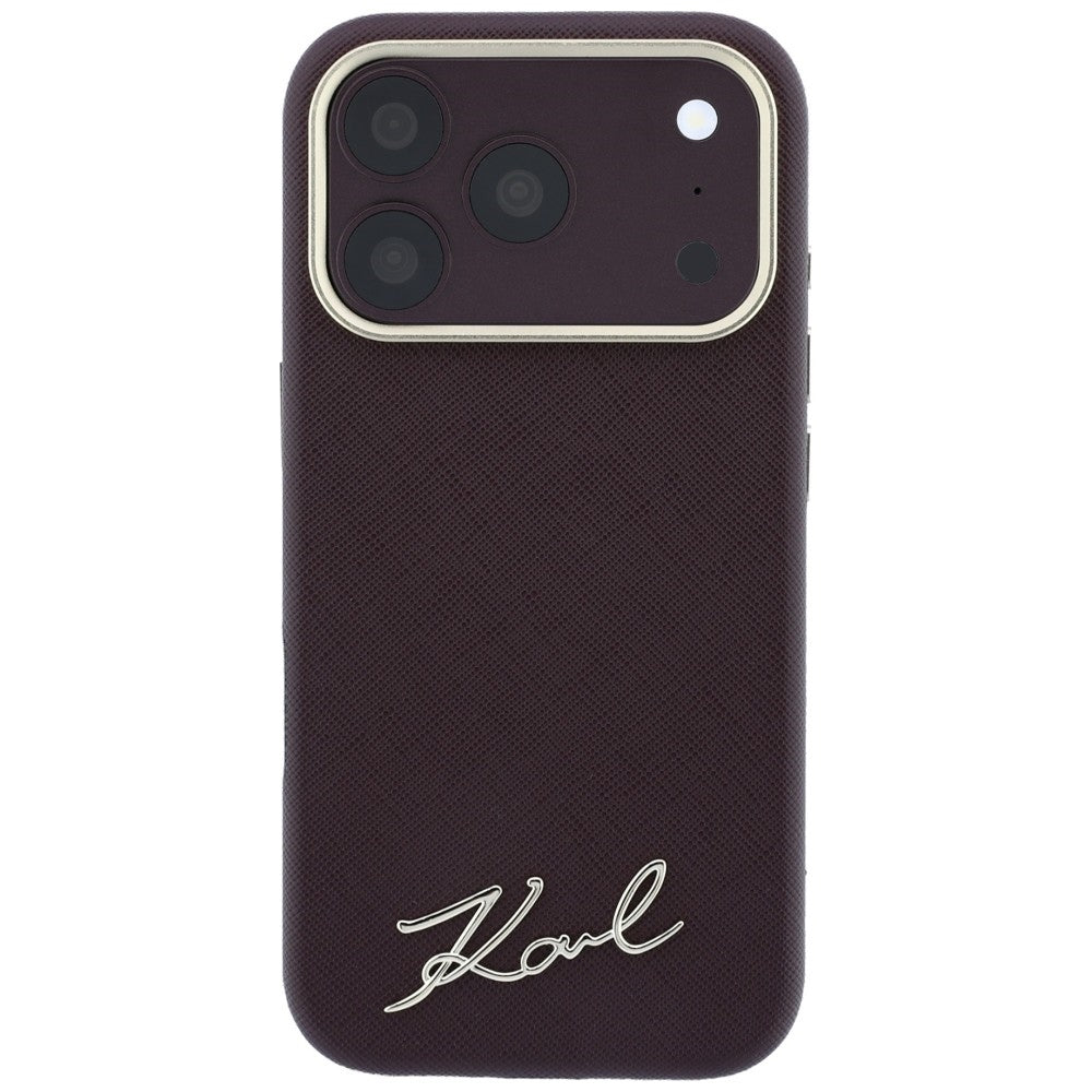 Coque MagSafe pour Apple iPhone 18 Pro Max / 17 Pro Max, Karl Lagerfeld, Logo Métallique Petit Script Saffiano, Bordeaux