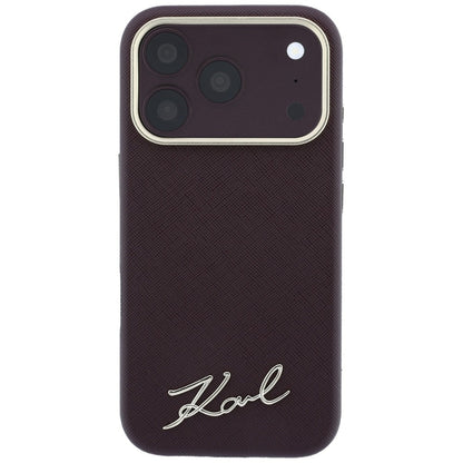 Coque MagSafe pour Apple iPhone 18 Pro Max / 17 Pro Max, Karl Lagerfeld, Logo Métallique Petit Script Saffiano, Bordeaux