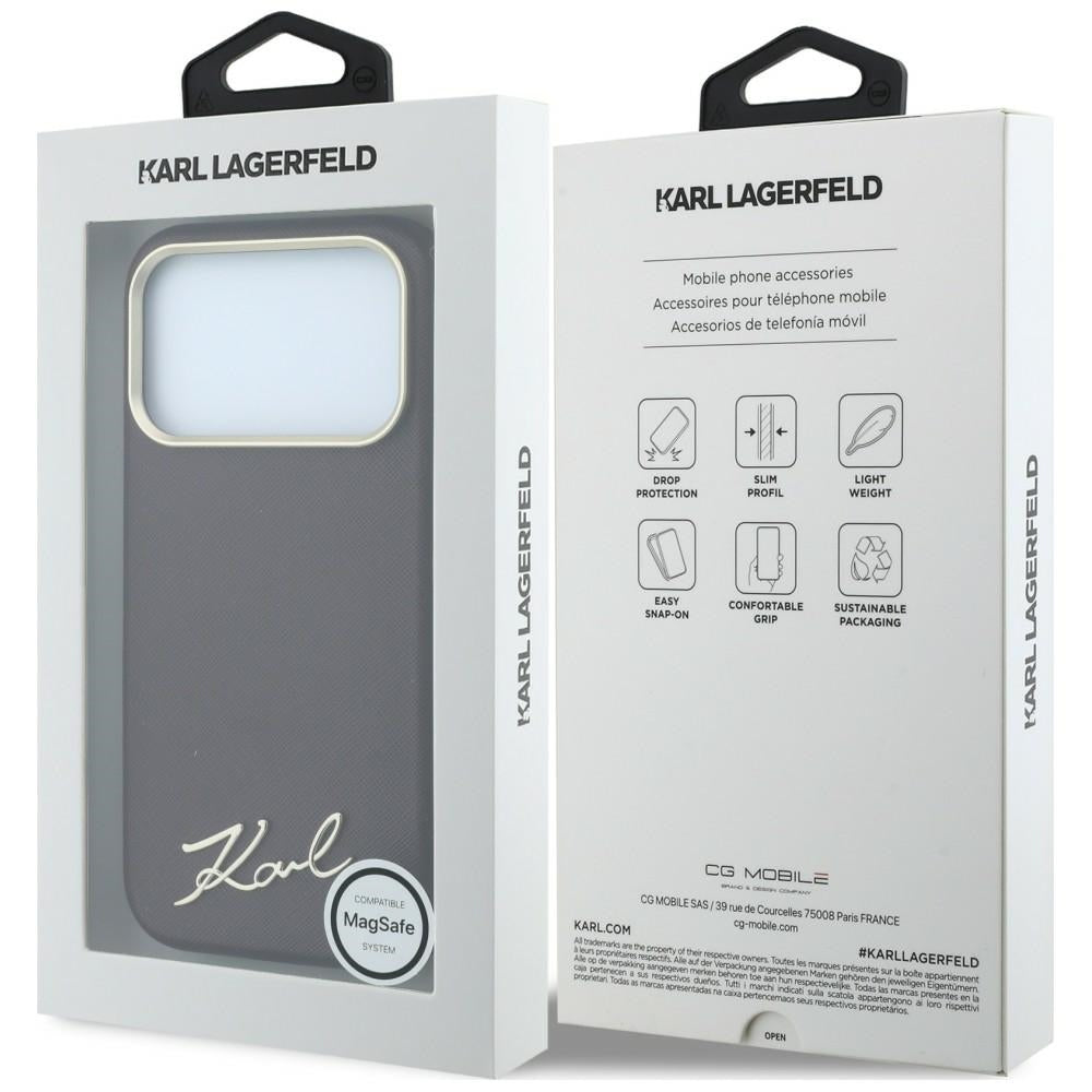 Coque MagSafe pour Apple iPhone 18 Pro Max / 17 Pro Max, Karl Lagerfeld, Logo Métallique Petit Script Saffiano, Bordeaux