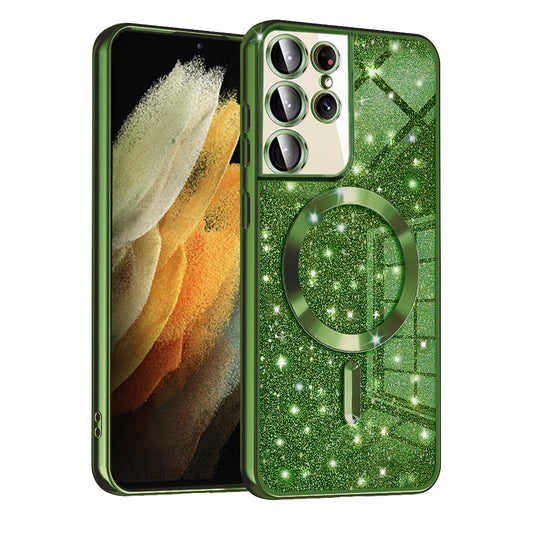 Coque MagSafe pour Samsung Galaxy S21 Ultra 5G G998, Techsuit, Luxury Glitter, Vert Foncé