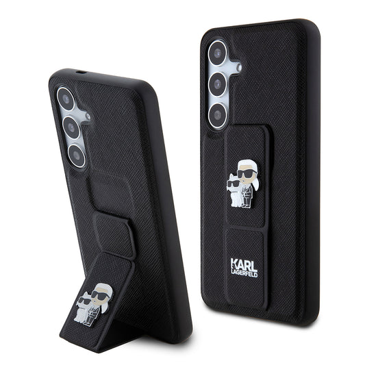 Étui MagSafe pour Samsung Galaxy S24 S921, Karl Lagerfeld, Saffiano Gripstand Karl & Choupette, Noir