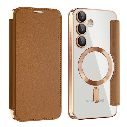 Coque MagSafe pour Samsung Galaxy S24 S921, Techsuit, SmartMag Book, Marron