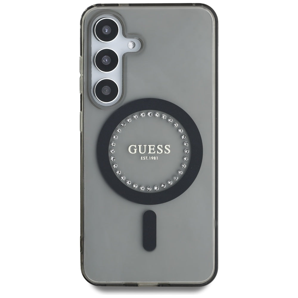 Coque MagSafe pour Samsung Galaxy S25 S931, Guess, IML Rhinestone, Noire