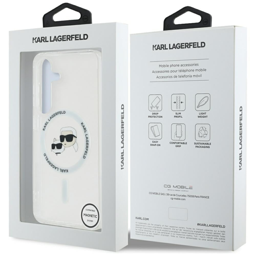 Étui MagSafe pour Samsung Galaxy S25 S931, Karl Lagerfeld, IML Metal Karl & Choupette's Heads, Blanc.