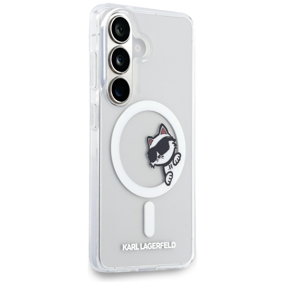 Coque MagSafe pour Samsung Galaxy S26 S942, Karl Lagerfeld, IML Choupette Peekaboo Logo, Blanc