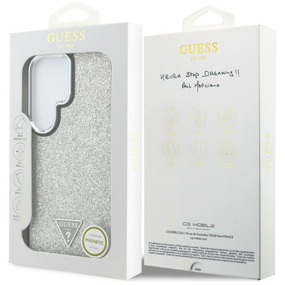 Coque MagSafe pour Samsung Galaxy S26 Ultra S948, Guess, Logo Triangle Pailleté Fixe, Argentée