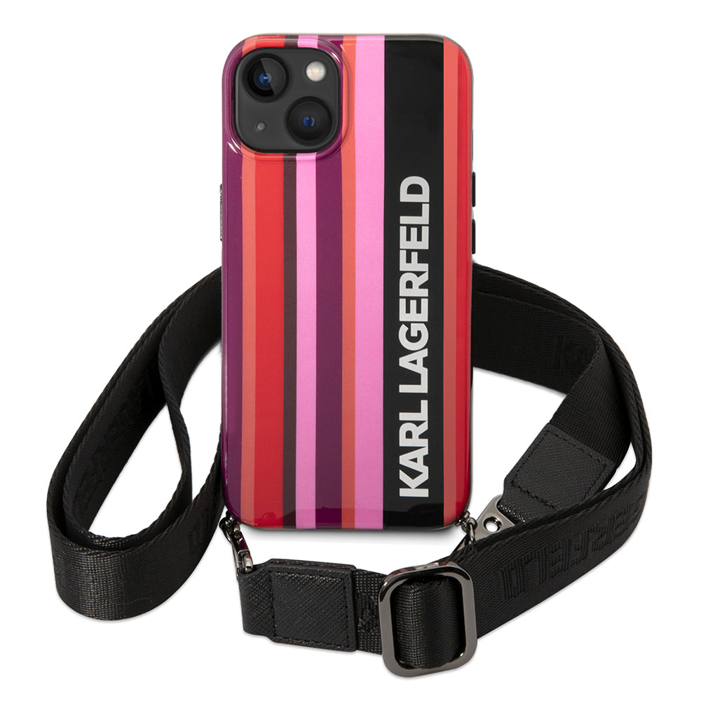 Hülle für Apple iPhone 14, Karl Lagerfeld, Color Stripes with Strap, Rosa