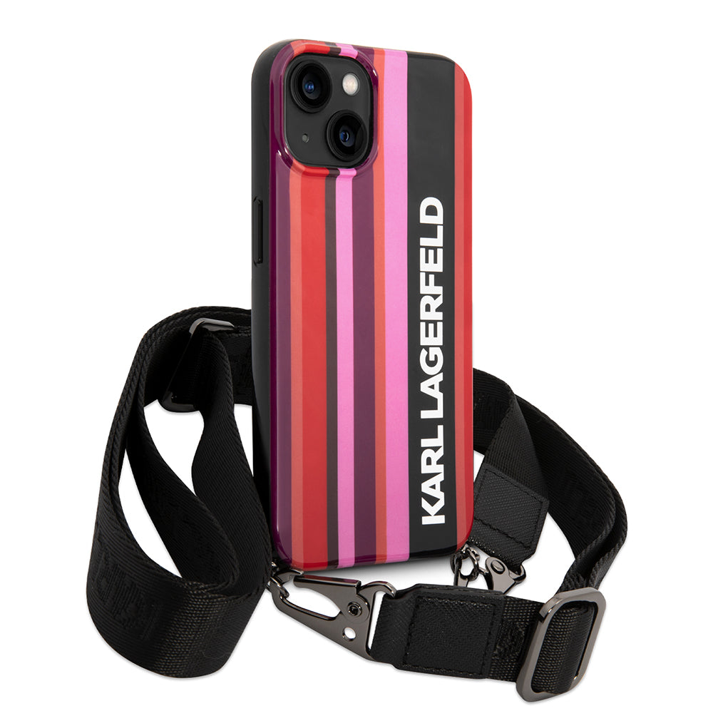 Hülle für Apple iPhone 14, Karl Lagerfeld, Color Stripes with Strap, Rosa