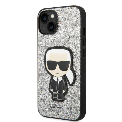 Housse pour Apple iPhone 14, Karl Lagerfeld, Glitter Flakes Ikonik Karl, Argentée.