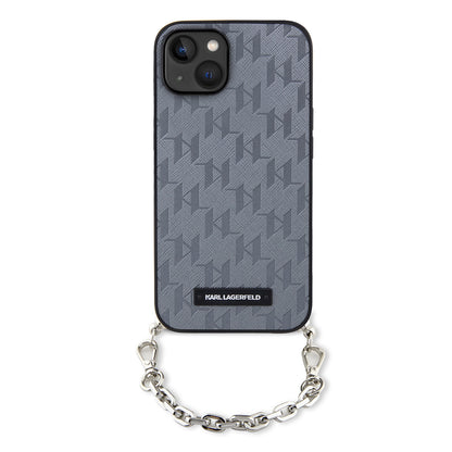 Hülle für Apple iPhone 14, Karl Lagerfeld, Saffiano Monogram Chain, Silbern