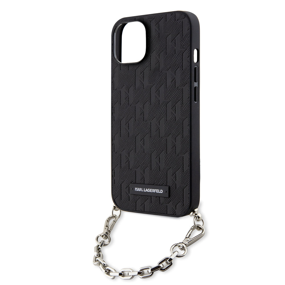 Hülle für Apple iPhone 14, Karl Lagerfeld, Saffiano Monogram Chain, Schwarz