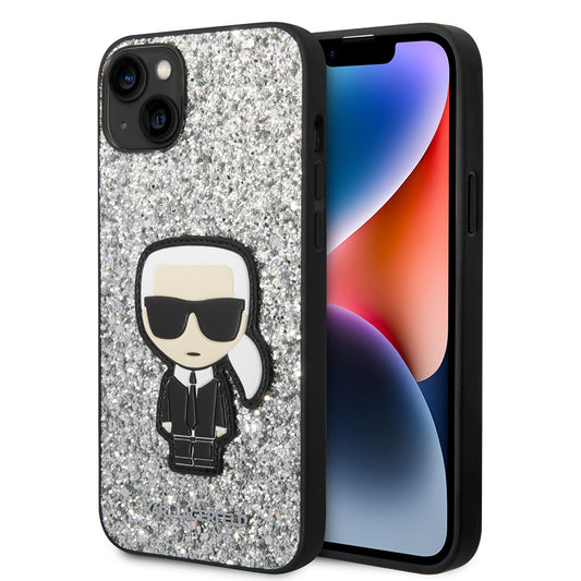 Housse pour Apple iPhone 14 Plus, Karl Lagerfeld, Glitter Flakes Ikonik Karl, Argentée
