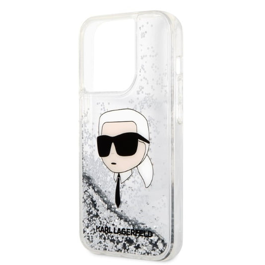 Hülle für Apple iPhone 14 Pro, Karl Lagerfeld, Glitter Karl's Head, Silbern