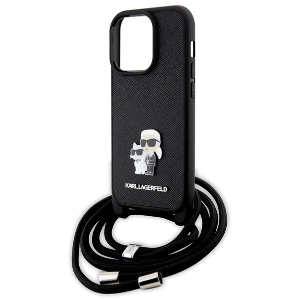 Étui pour Apple iPhone 14 Pro, Karl Lagerfeld, Saffiano Crossbody Metal Pin Karl & Choupette, Noir
