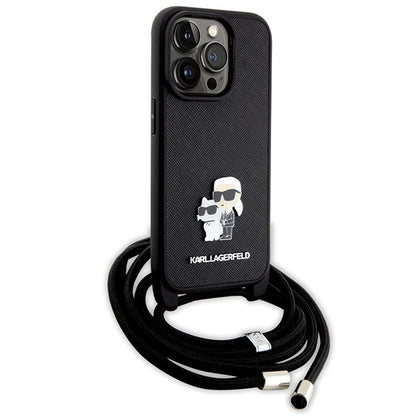 Étui pour Apple iPhone 14 Pro, Karl Lagerfeld, Saffiano Crossbody Metal Pin Karl & Choupette, Noir