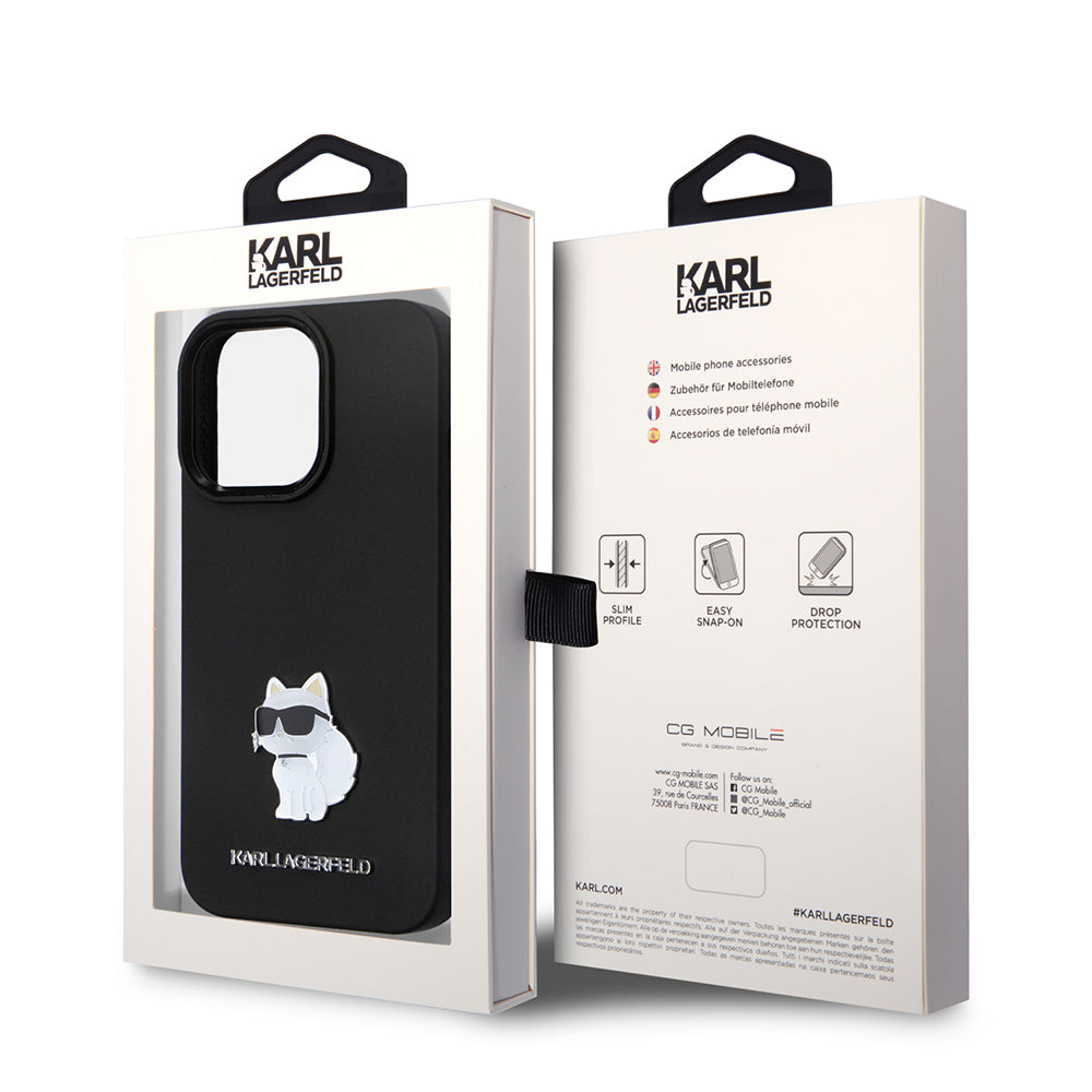 Hülle für Apple iPhone 14 Pro, Karl Lagerfeld, Silicone Choupette Metal, Schwarz