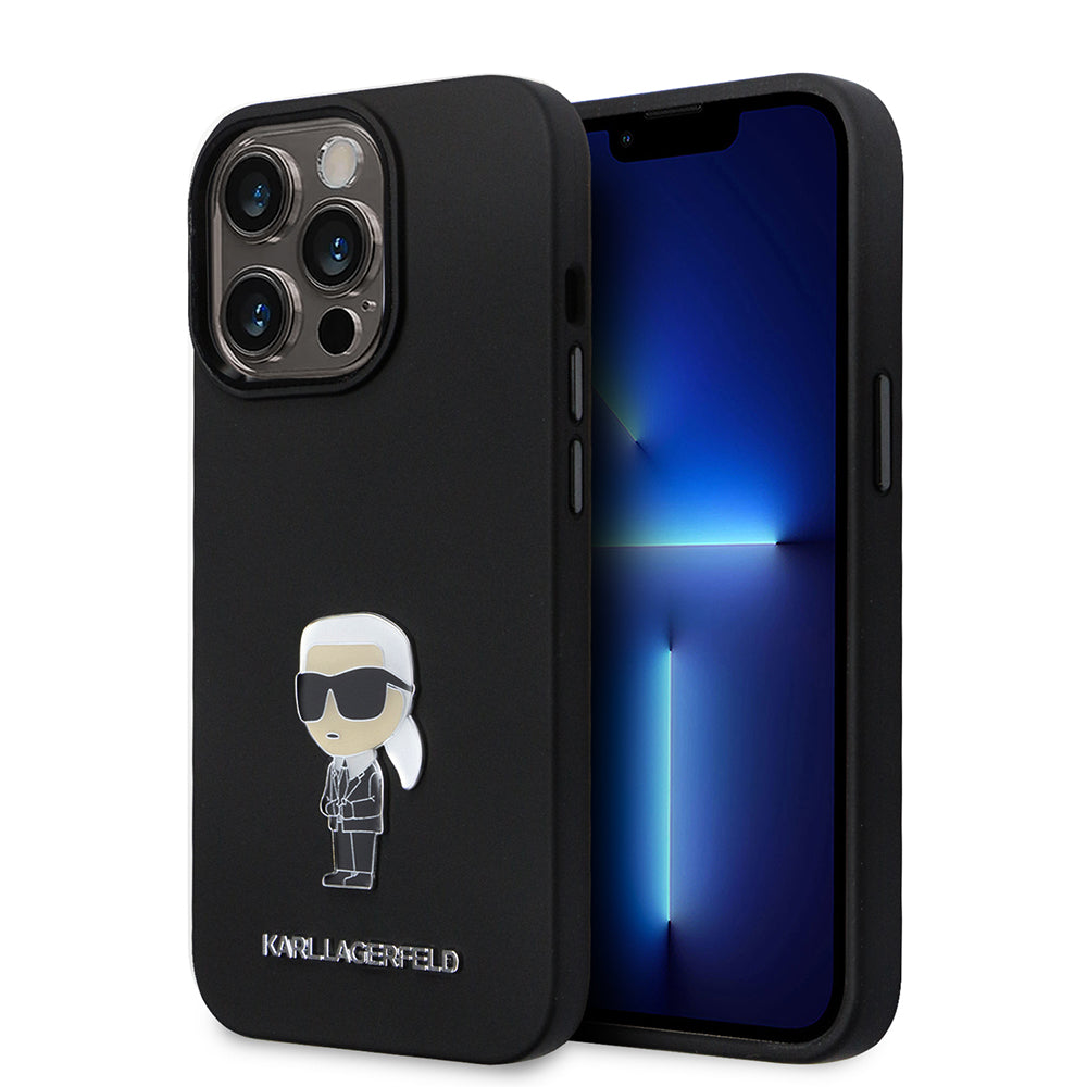 Hülle für Apple iPhone 14 Pro, Karl Lagerfeld, Silicone Ikonik Karl Metal, Schwarz