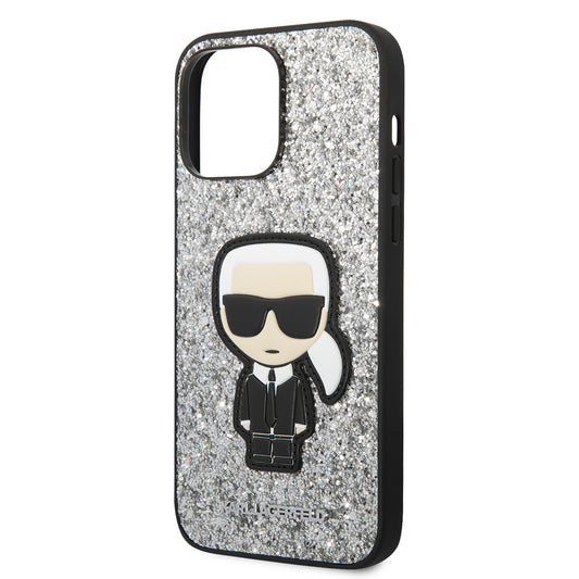 Étui pour Apple iPhone 14 Pro Max, Karl Lagerfeld, Glitter Flakes Ikonik Karl, Argenté