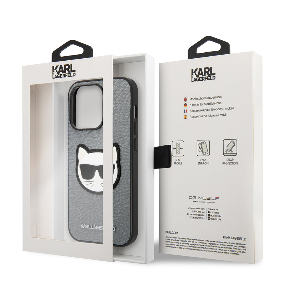 Hülle für Apple iPhone 14 Pro Max, Karl Lagerfeld, Saffiano Choupette's Head, Silbern