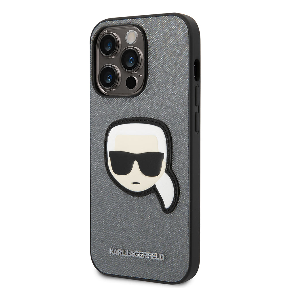 Hülle für Apple iPhone 14 Pro Max, Karl Lagerfeld, Saffiano Karl's Head, Silbern