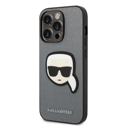 Hülle für Apple iPhone 14 Pro Max, Karl Lagerfeld, Saffiano Karl's Head, Silbern