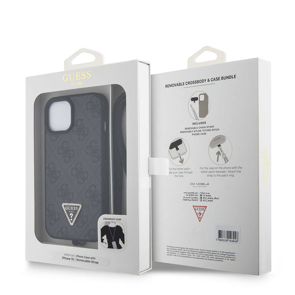 Étui pour Apple iPhone 15 / 14, Guess, Crossbody 4G Metal Logo, Noir