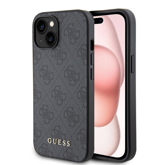 Étui pour Apple iPhone 15, Guess, Logo Métal Or 4G, Gris